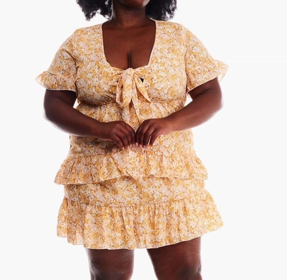 Plus Size Cottage Core Dress Yellow Florals Daisy Tiered Summer Forever 21 NWT